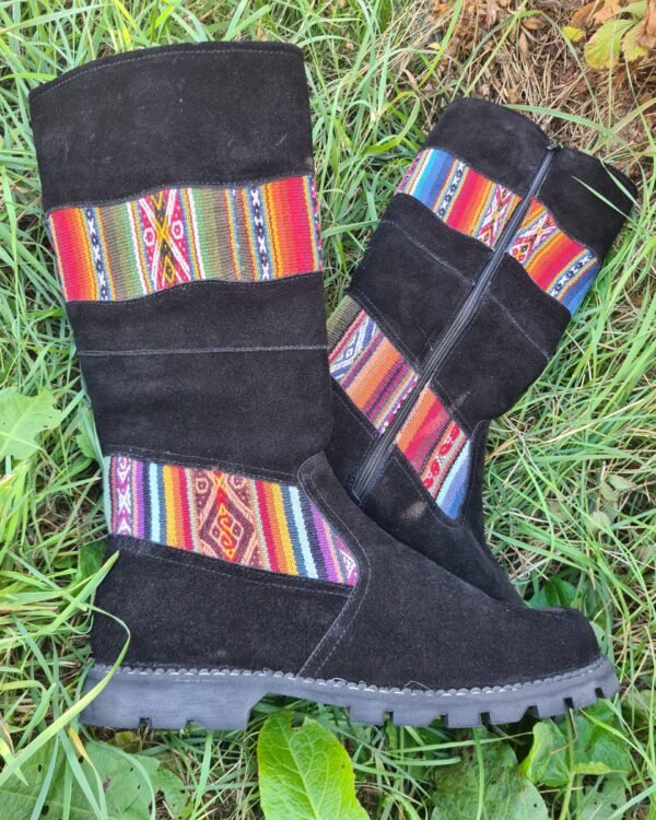 Peruvian print black suede boots