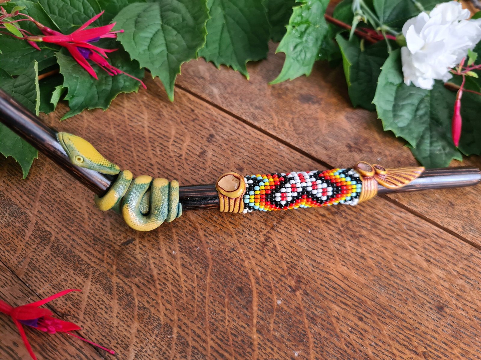 Chonta wood green serpent decorated tepi animal spirit totem